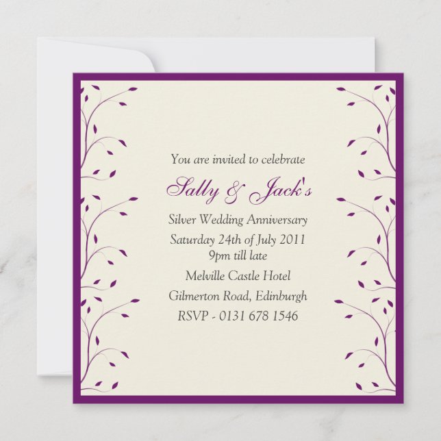 Invitación a fiesta de aniversario crema y púrpura (Anverso)