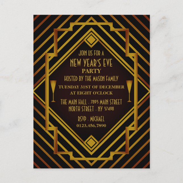 Invitación a fiesta de Año Nuevo de Gatsby Gold de (Anverso)