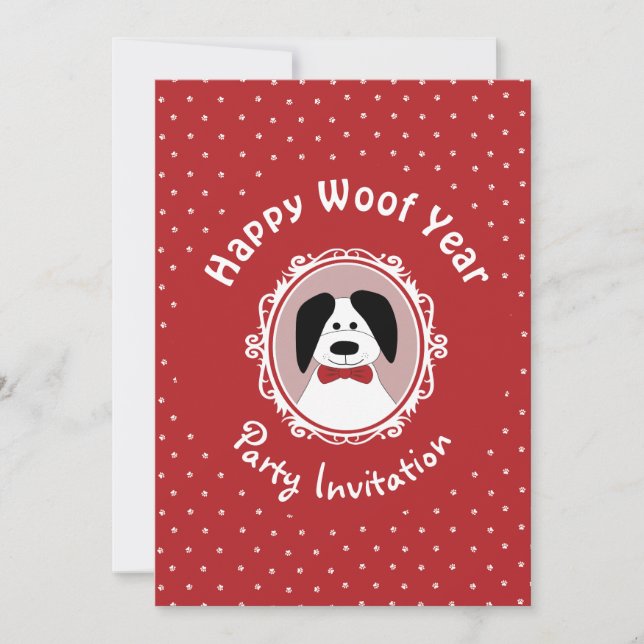 Invitación a fiesta de Año Nuevo "Feliz Año Woof" (Anverso)