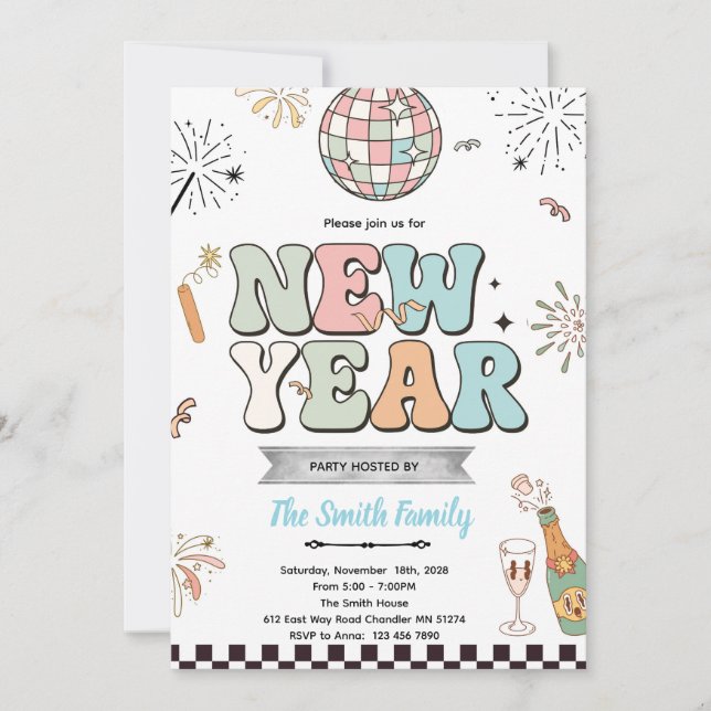 invitación a fiesta de año nuevo retro (Anverso)