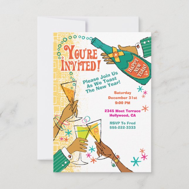 Invitación a fiesta de Año Nuevo Retro (Anverso)