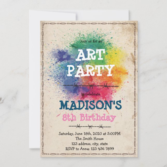 Invitación a fiesta de arte de paintball (Anverso)