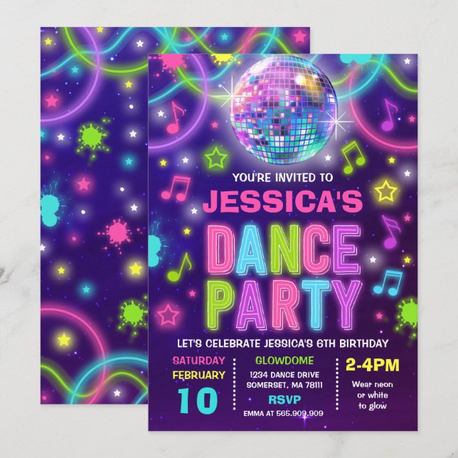 Invitación a fiesta de baile Neon Glow Dance Fiest (Anverso / Reverso)