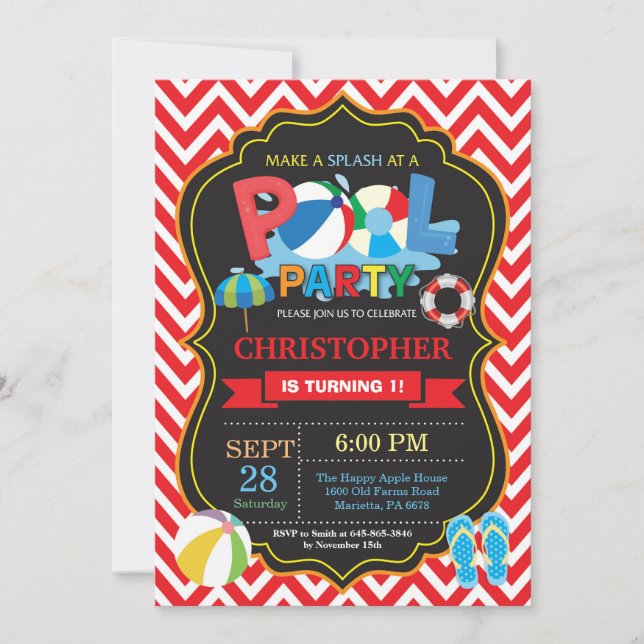 Invitación a fiesta de billar Chico Splash Rojo (Anverso)