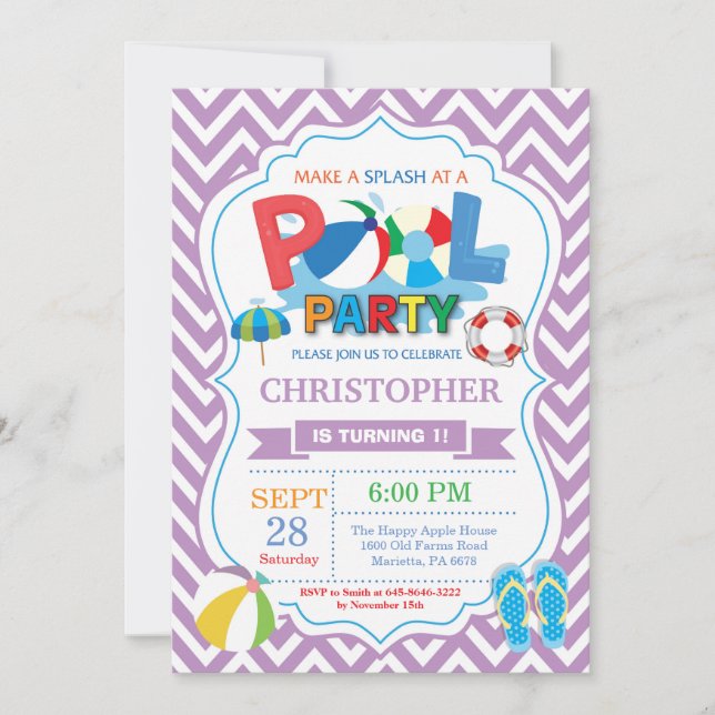 Invitación a fiesta de billar Niño Púrpura Splash  (Anverso)