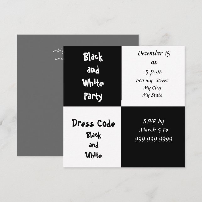 Invitación a fiesta de blanco y negro (Anverso / Reverso)