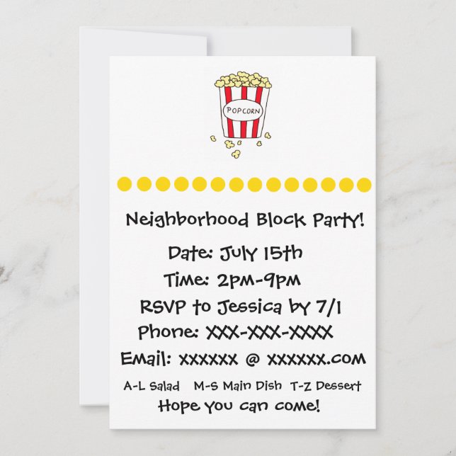 Invitación a Fiesta de bloques de palomitas de cin (Anverso)