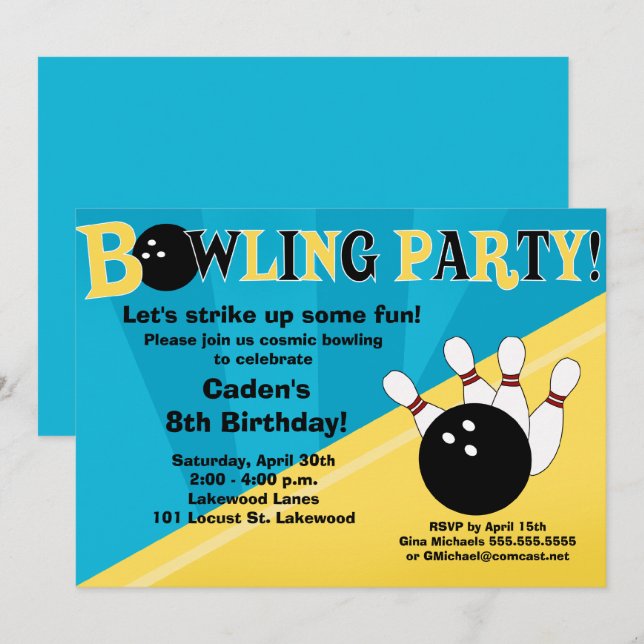 Invitación a fiesta de bolos - Azul y Amarillo (Anverso / Reverso)