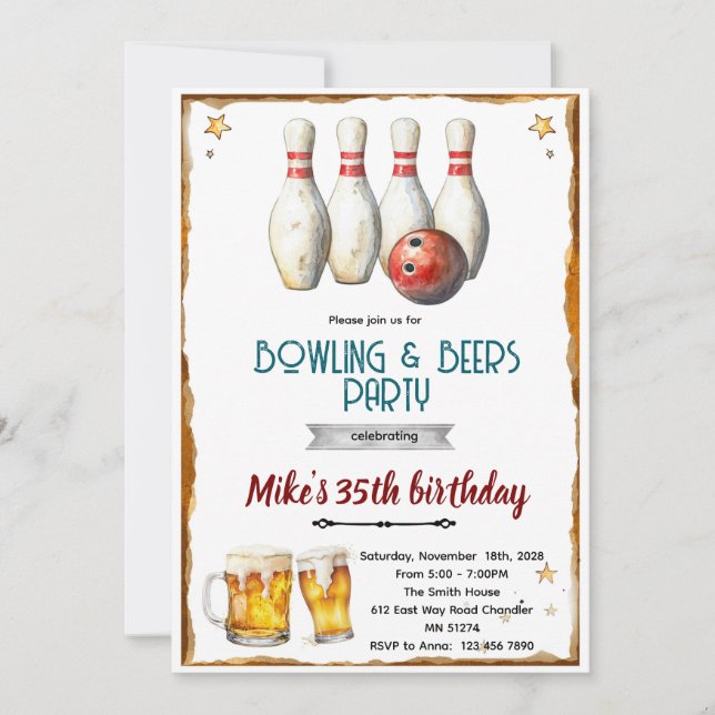 Invitación a fiesta de bolos y cerveza (Anverso)