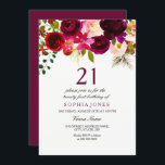 Invitación a Fiesta de Borgoña Floral Boho 21º cum<br><div class="desc">Fiesta de Borgoña Floral Boho 21st Birthday Invita a la colección Matching en Niche y Nest store. Moda Boho color rojo burgundy agua floral Hermoso ilustracion acuarela pintado a mano</div>