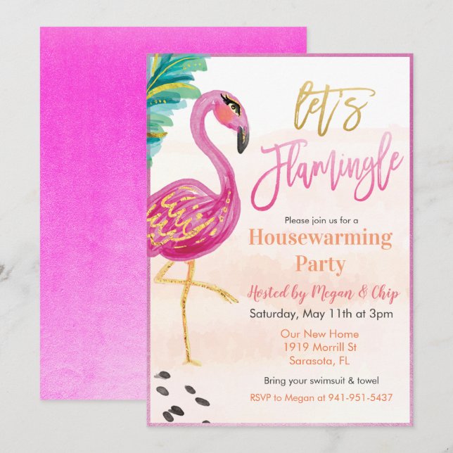 Invitación a fiesta de cambio de agua Flamingo (Anverso / Reverso)