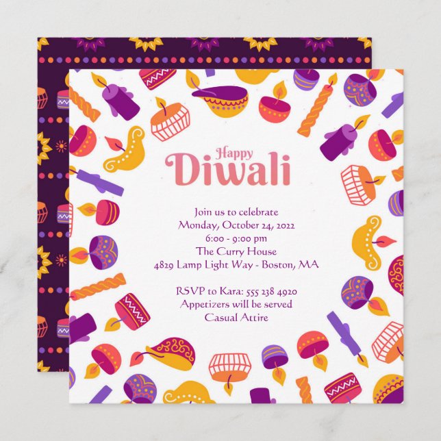 Invitación a fiesta de celebración de Diwali (Anverso / Reverso)