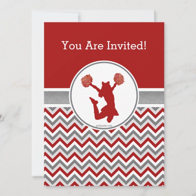 Invitación a fiesta de Chevron Rojo o Pom (Anverso)