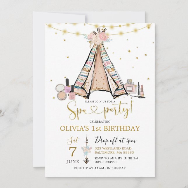 Invitación a fiesta de Chica floral teepee rosado (Anverso)
