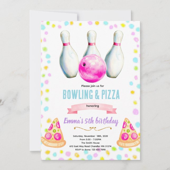 invitación a fiesta de chicas de bolos y pizza (Anverso)