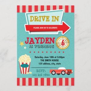 invitación a fiesta de cine con tema de autocine