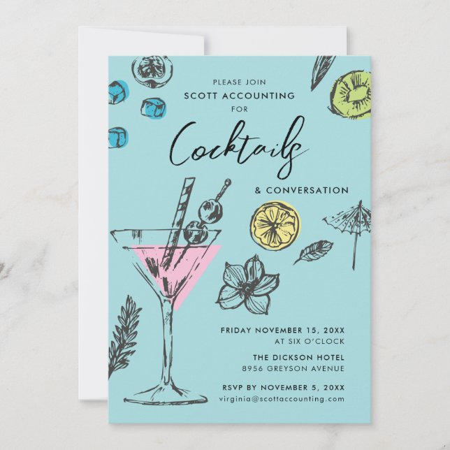 Invitación a Fiesta de Cócteles Moderna Ilustrada (Anverso)