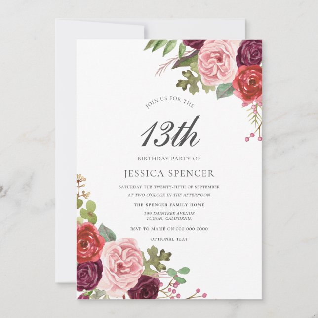 Invitación a fiesta de cumpleaños 13 chicas Rubor  (Anverso)