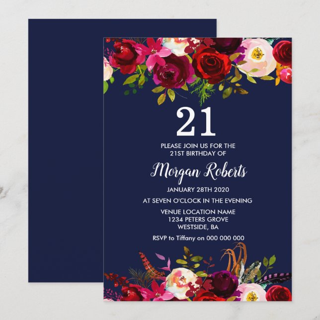Invitación a Fiesta de cumpleaños 21ª floral de la (Anverso / Reverso)