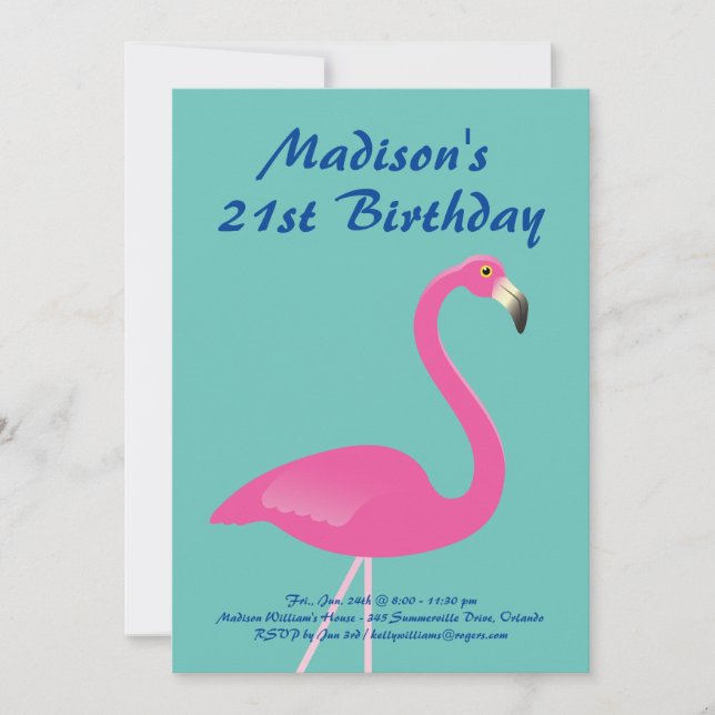 Invitación a Fiesta de cumpleaños 21 de Flamingo - (Anverso)