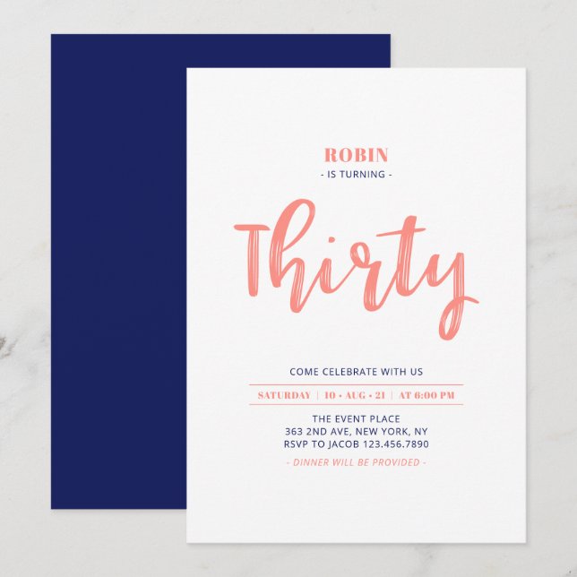 Invitación a fiesta de cumpleaños 30 simple de Cor (Anverso / Reverso)