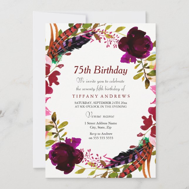 Invitación a fiesta de cumpleaños 75 de Burgundy P (Anverso)