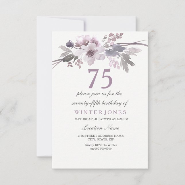 Invitación a fiesta de cumpleaños 75th bonito Purp (Anverso)