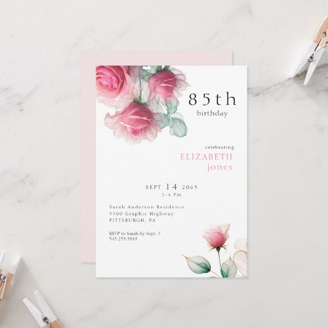 Invitación a fiesta de cumpleaños 85ª de Floral Ro (Anverso/Reverso In Situ)