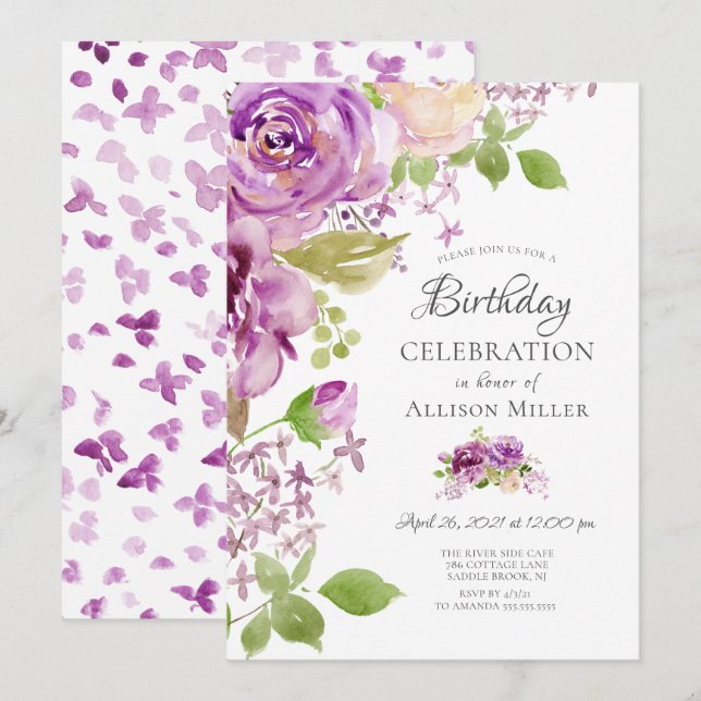 Invitación a fiesta de cumpleaños con flores de Pu (Anverso / Reverso)