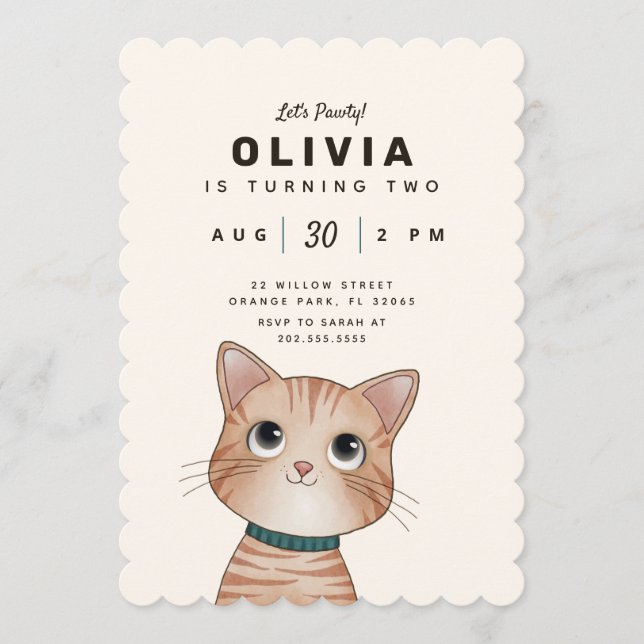 Invitación a fiesta de cumpleaños con gatito adora (Anverso)