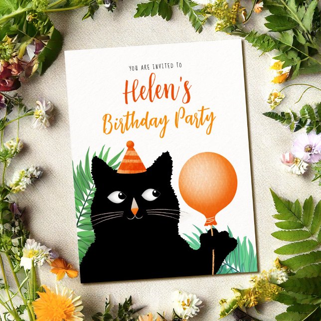 Invitación a fiesta de cumpleaños con gato negro (Subido por el creador)
