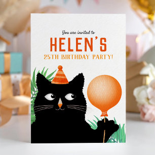 Invitación a fiesta de cumpleaños con gato negro y