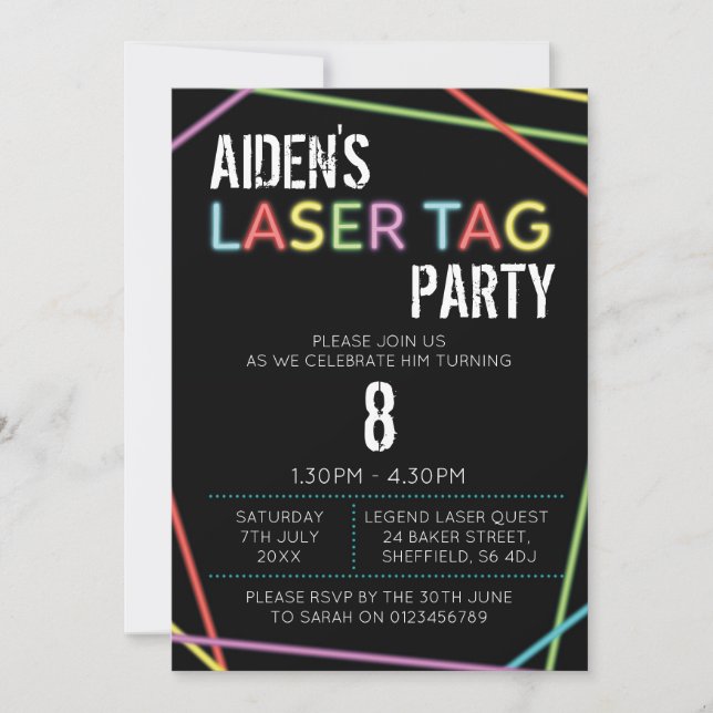 Invitación a fiesta de cumpleaños con tema de etiq (Anverso)