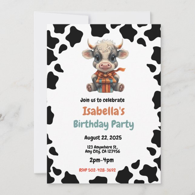 Invitación a fiesta de cumpleaños con tema de vaca (Anverso)