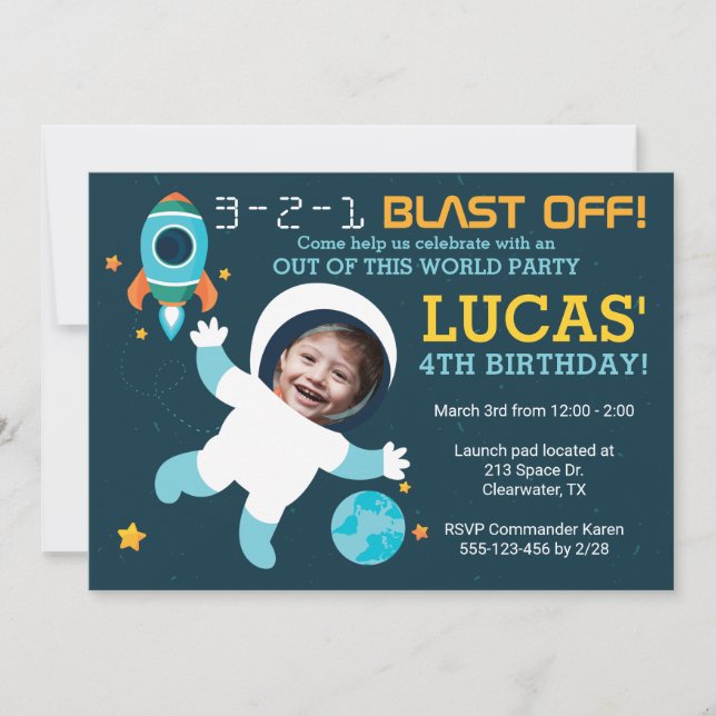 Invitación a fiesta de cumpleaños de Astronauta Bo (Anverso)