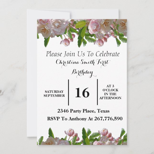 Invitación a fiesta de cumpleaños de bebé floral r (Anverso)