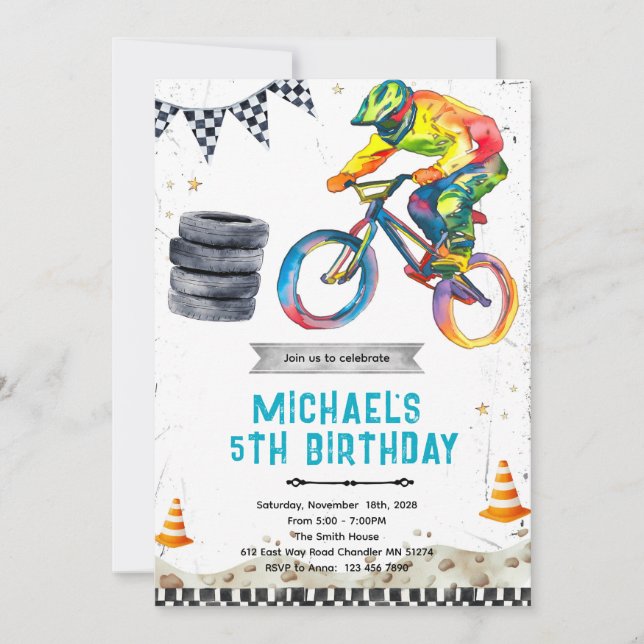Invitación a fiesta de cumpleaños de bicicleta BMX (Anverso)