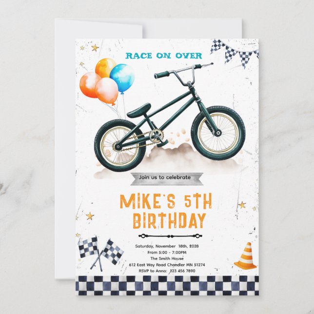 Invitación a fiesta de cumpleaños de bicicleta BMX (Anverso)