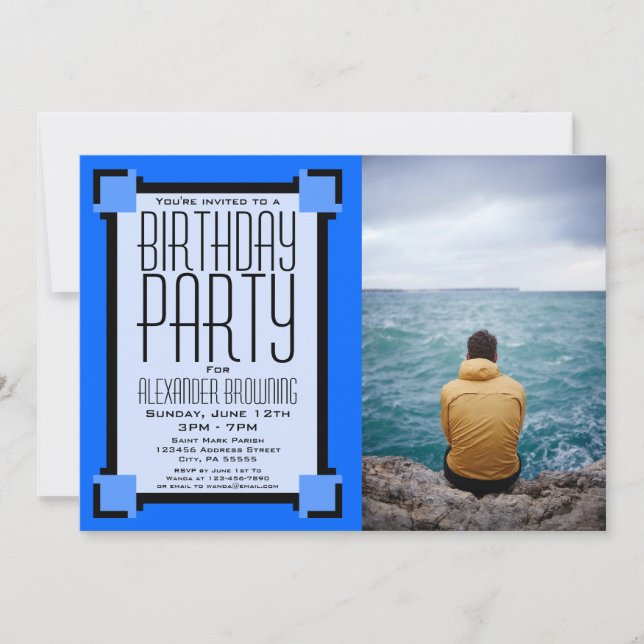 Invitación a fiesta de cumpleaños de Blue Geometri (Anverso)