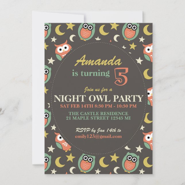 Invitación a fiesta de cumpleaños de búho nocturno (Anverso)