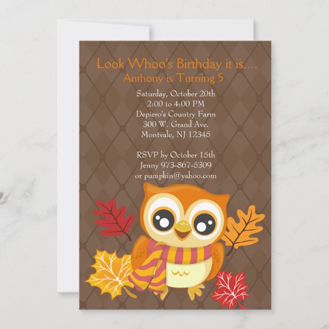Invitación a fiesta de cumpleaños de búho otoño (Anverso)
