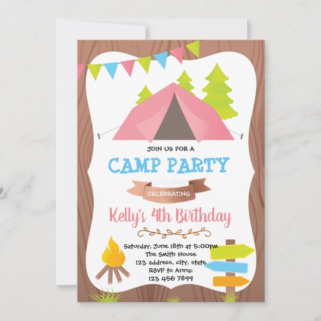 Invitación a fiesta de cumpleaños de campamento (Anverso)