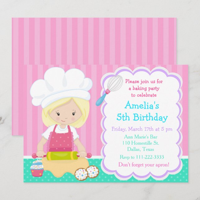 Invitación a fiesta de cumpleaños de Chica rubio (Anverso / Reverso)
