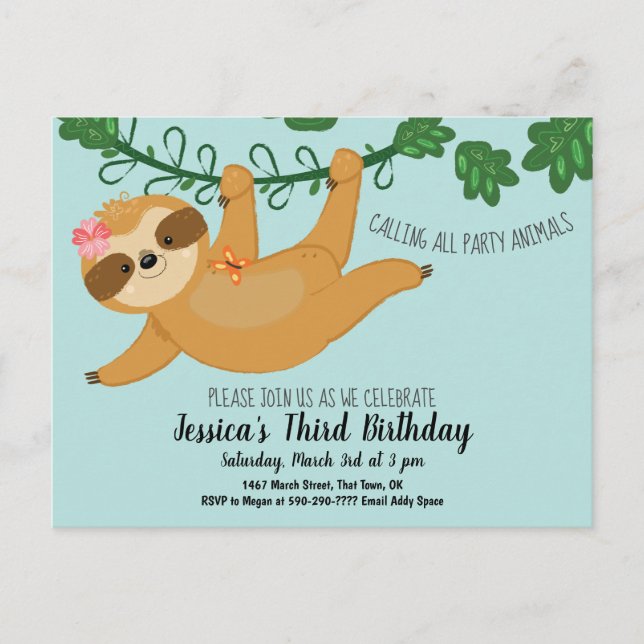 Invitación a fiesta de cumpleaños de chicas esloth (Anverso)
