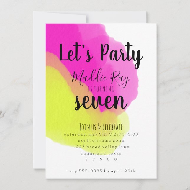 Invitación a fiesta de cumpleaños de color de agua (Anverso)