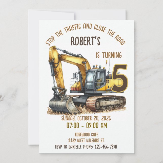 Invitación a fiesta de cumpleaños de construcción (Anverso)