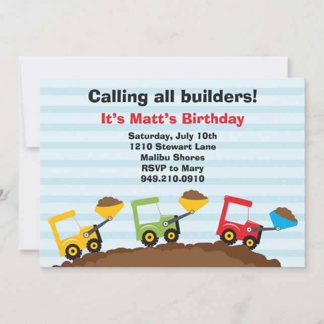 Invitación a fiesta de cumpleaños de construcción (Anverso)