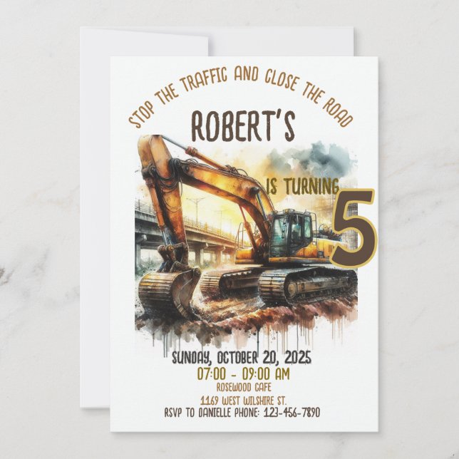 Invitación a fiesta de cumpleaños de construcción (Anverso)