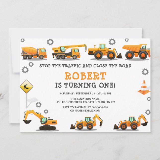 Invitación a fiesta de cumpleaños de construcción (Anverso)