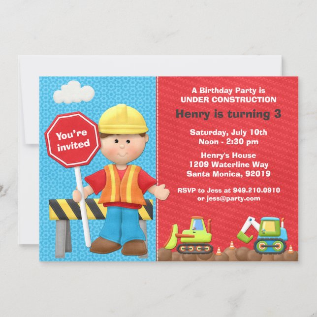 Invitación a fiesta de cumpleaños de construcción  (Anverso)